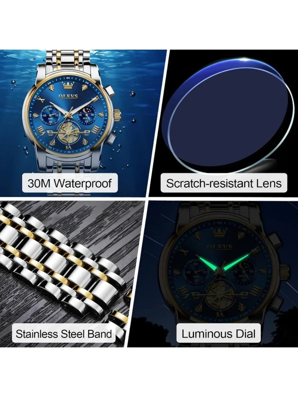 Men's Blue /Two-tone Stainless Steel Chronograph Waterproof Quartz Dress Watch